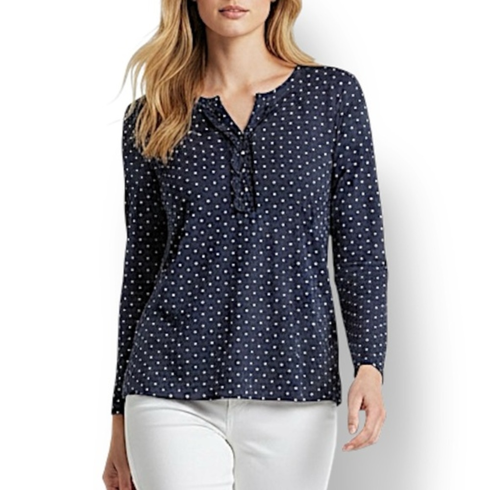 4/$20 Basic Editions XL Navy Blue Polka Dot Cotton Henley Long Sleeve Top